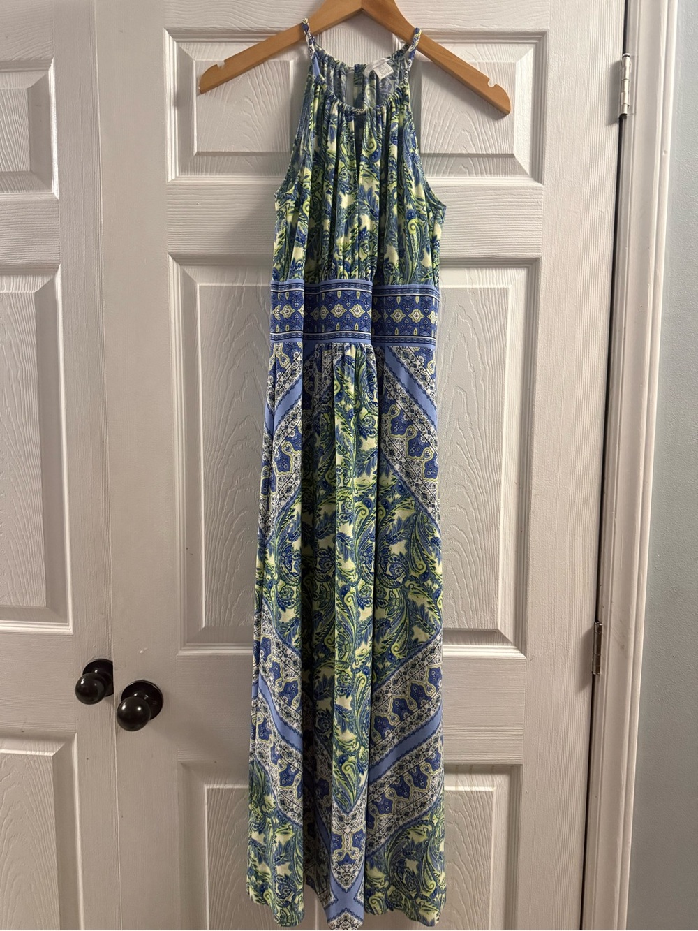 London Times Women's Halter Maxi Dress Blue Green Flattering Size 4